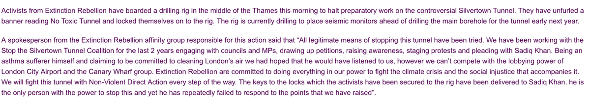 SilvertownTn's tweet photo. "The keys to the locks with which the activists have been secured to the rig have been delivered to Sadiq Khan, he is the only person with the power to stop the Silvertown Tunnel and yet he has repeatedly failed to respond to the points that we have raised."  @Heidi_LDN https://t.co/jR7VBN9Lkm