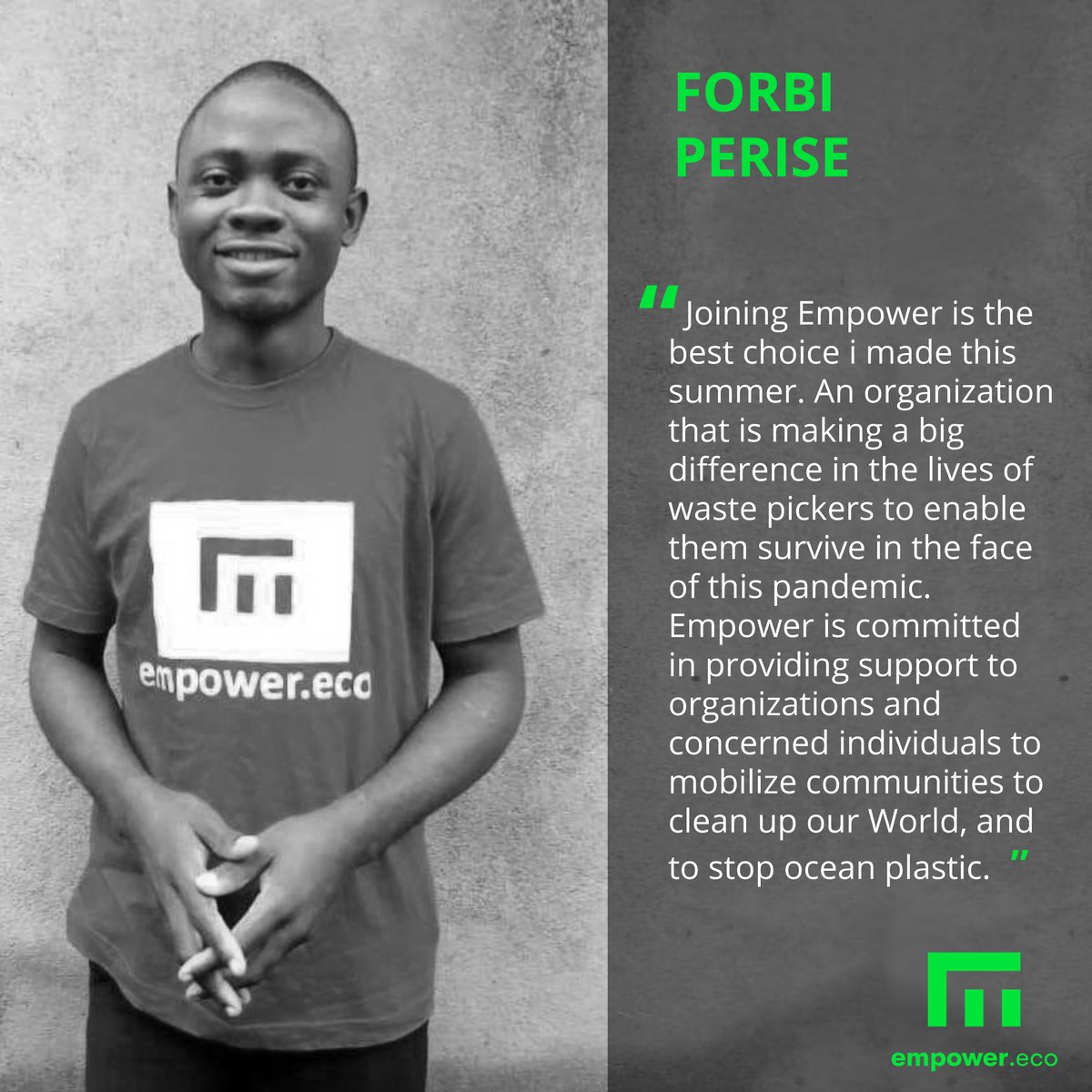 Empowerplastic's tweet photo. Meet our intern: Forbi Perise a 23yrs old Cameroonian. Forbi is an environmental education &amp; oceans activist and community volunteer. He has organized several clean ups over last year and continues in his efforts to engage young people in cleaning up their community. #EmpowerAid https://t.co/pk2LIcZ8BH