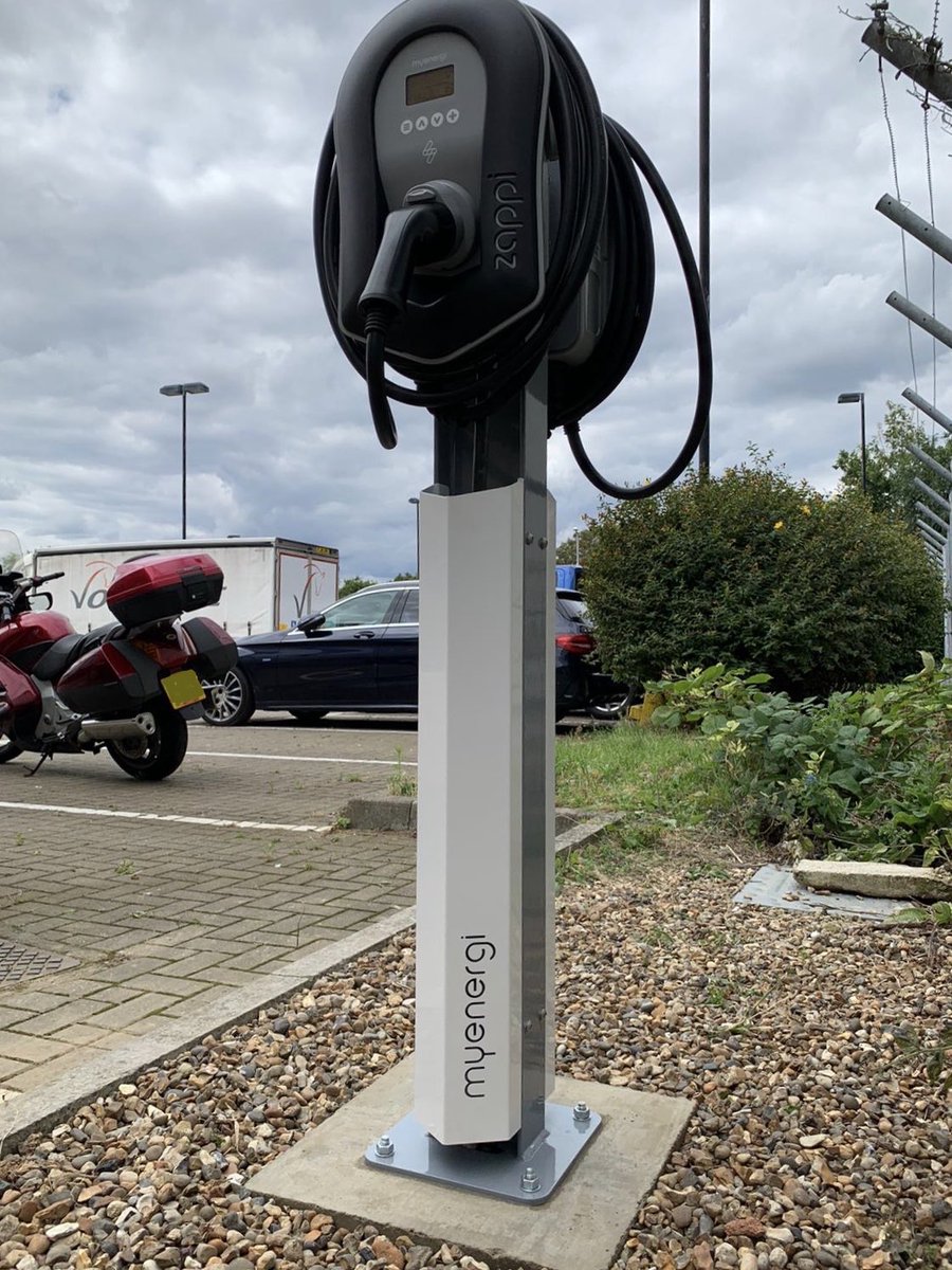 GreenioLtd's tweet photo. We are very happy this week to bring two 22kW Zappi Chargers embedded into a dual pedestal. This superb installation included ground works to accommodate the charger in Chessington. Happy faces all round. @ShawDerry @VolanteLtd  #renewableenergy #evcharging #pedestal https://t.co/NJIWXmhuus