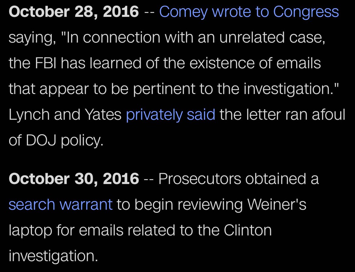 Speaking of emails, while I don’t mean to imply any complicity—it’s hard to envision a worse October Surprise than Comey re-opening the FBI’s investigation of Hillary Clinton’s emails.Not as critical, but it just might’ve been the knockout blow. https://www.cnn.com/2018/06/14/politics/key-dates-fbi-hillary-clinton-emails/index.html