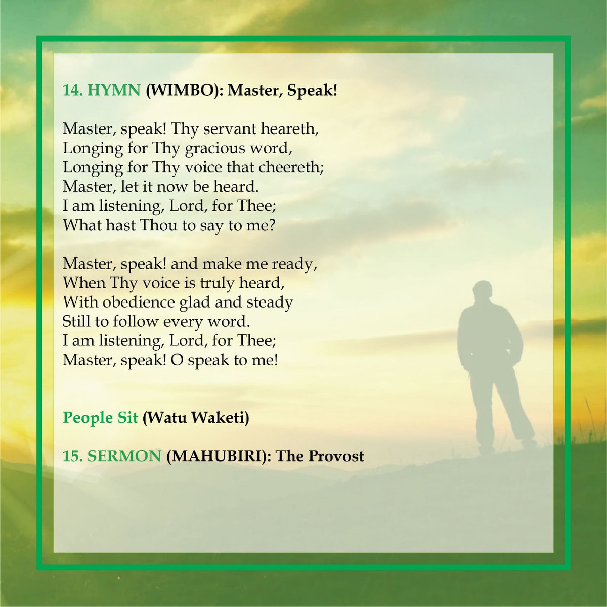 ASCchoirNairobi's tweet image. Master, speak! Thy servant heareth,
Longing for Thy gracious word,
Longing for Thy voice that cheereth;
Master, let it now be heard.
I am listening, Lord, for Thee;
What hast Thou to say to me?
#MasterSpeak