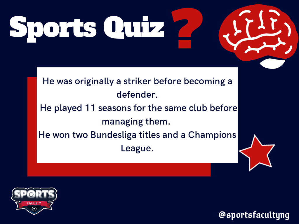 sportsfacultyng's tweet photo. Sports Trivia with Sports faculty!!!
.
Who is he?
.
Hint: He now manages a premier league side🤔🤔.
.
#SportsTrivia #SportsfacultyTrivia #SaturdayTrivia #Sportspersons #Sportsfaculty https://t.co/ZRiJAeoUMT