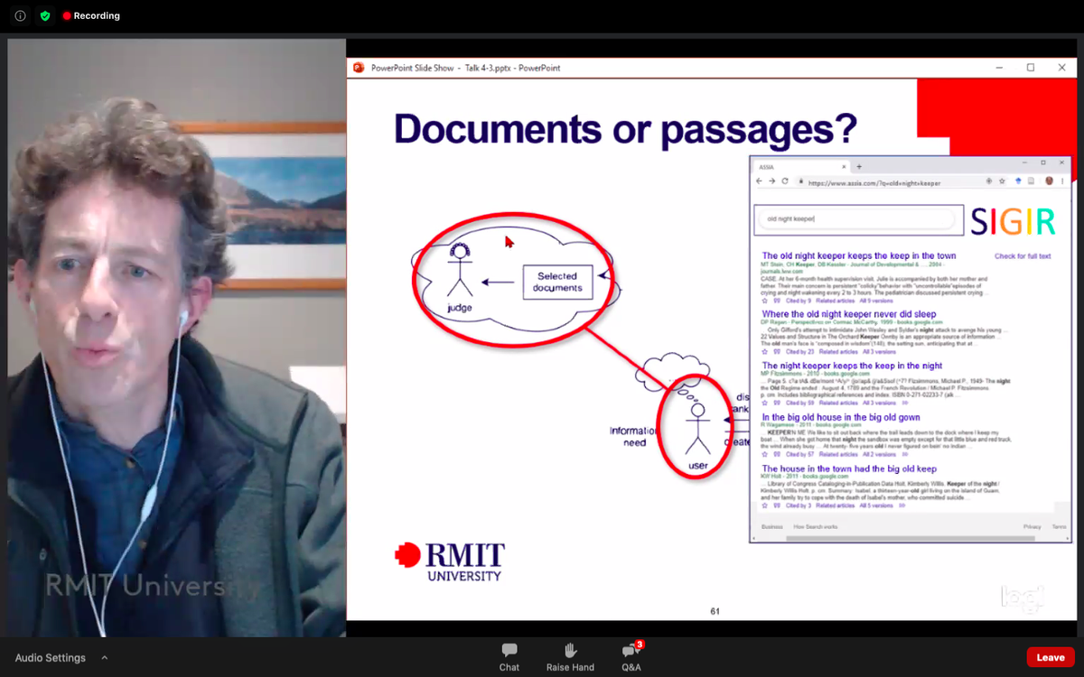 Shawn M. Jones, PhD / @shawnmjones@hachyderm.io (@shawnmjones) on Twitter photo An excellent point by <a href="/IR_oldie/">Mark Sanderson</a> on whether judgements by judges line up with those by users. How the document is presented in the search result list is important. If the judges evaluate whole documents, but users only see snippets, then we are not comparing results 1:1.#sigir2020 An excellent point by <a href="/IR_oldie/">Mark Sanderson</a> on whether judgements by judges line up with those by users. How the document is presented in the search result list is important. If the judges evaluate whole documents, but users only see snippets, then we are not comparing results 1:1.#sigir2020