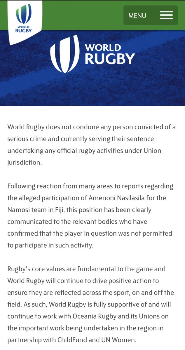 angry_kpra's tweet photo. BREAKING:
A strong statement from @WorldRugby.
This will ensure that no convicted offenders will ever take part in @fijirugby sanctioned events while they are still serving their sentence.
Vinaka World Rugby! 🙌🏾
#StopRapeFiji #CleanRugby https://t.co/tEo1Iy9Zgv