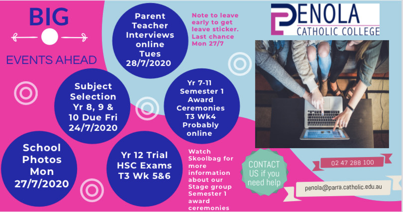 PenolaEmuPlains's tweet image. Event Reminders for Week 2-6
#PenolaCatholicCollege #DreamBigBeMore #Learn2020 #HSCLearningCoaches #lifelonglearners #HSCPathway #PTECHlearning #studentwellbeingmatters #growthmindset #HSCsuccess #HighExpectation #WeAspireToBeMore @TaniaCairns @PetaSparkes @SeanMcNally12