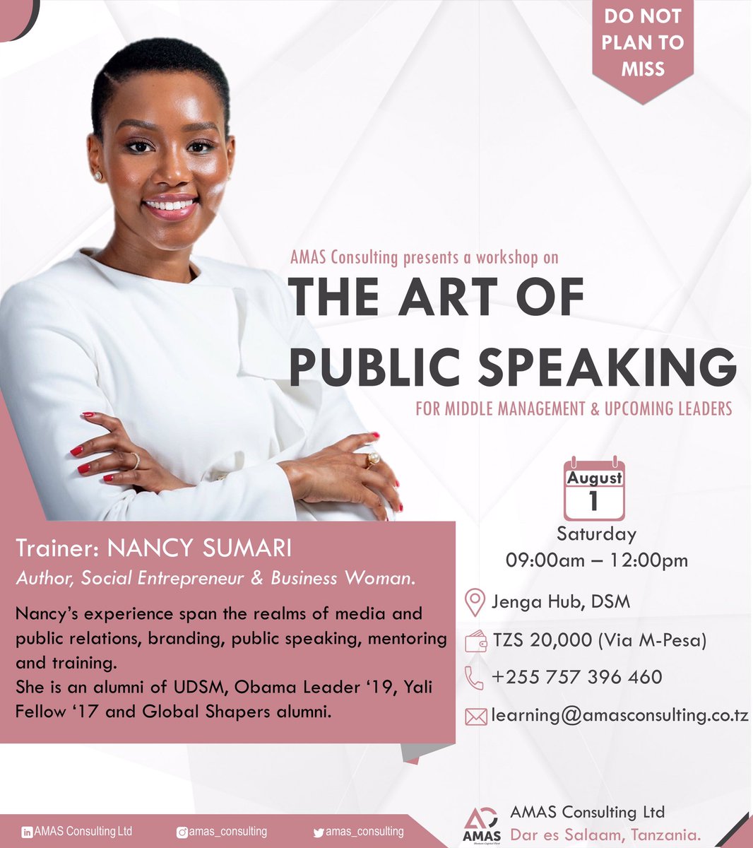 amas_consulting's tweet photo. The Art of Public Speaking series is back  with @NancySumari and we are excited to be able to host you!

Date is Saturday, the 1st of August, 2020 from 09h00 to 12h00.

Please register via email before the 29th of July, 2020.

Limited spaces available, booking is essential. https://t.co/UDFo7Cxnqc