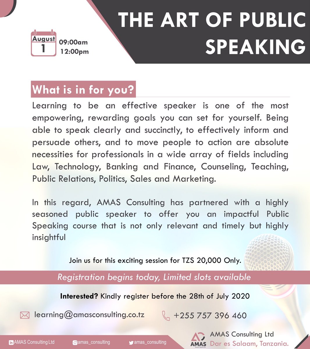amas_consulting's tweet photo. The Art of Public Speaking series is back  with @NancySumari and we are excited to be able to host you!

Date is Saturday, the 1st of August, 2020 from 09h00 to 12h00.

Please register via email before the 29th of July, 2020.

Limited spaces available, booking is essential. https://t.co/UDFo7Cxnqc