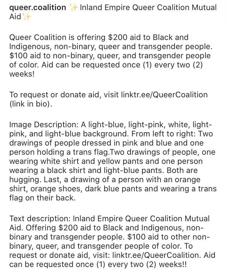 The IE Queer Coalition’s mutual aid program is offering $200 and $100 aid to non-binary and QTIBIPOC in the Inland Empire! Please share!

Visit linktr.ee/QueerCoalition to request or donate aid!