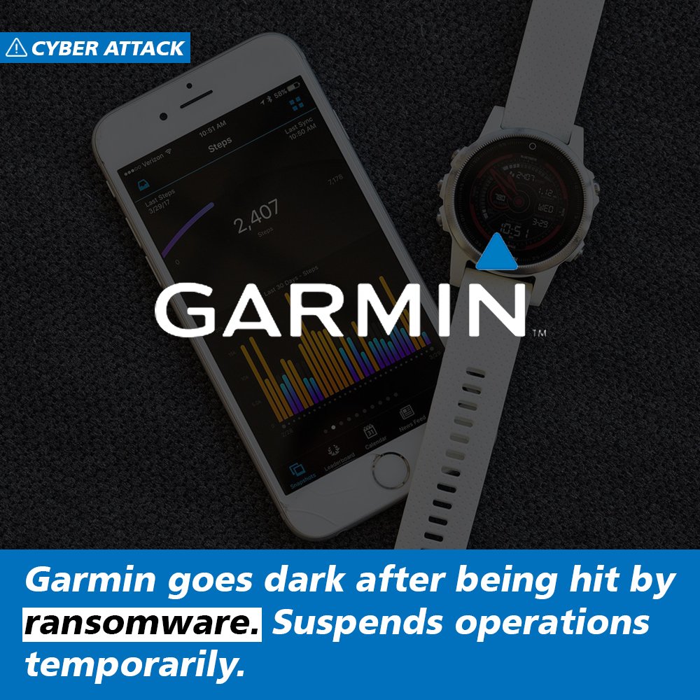 TechBrewery_Chd's tweet photo. Wearable technology maker Garmin has suspended production, call center, website, and almost all online services after reportedly being hit by ransomware.

Blunders companies make: https://t.co/TDv9cJsL6Y

#garmin #ransomware #ransomwareattack #ransomwareattacks #techbrewery https://t.co/URsHjvkqfm