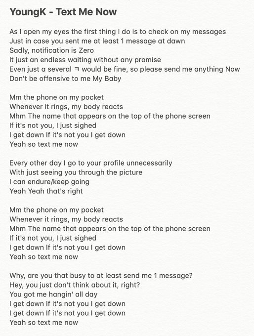 binhh53's tweet image. The lyrics : I get down....
The music : *Jumping higher*
Skkrrttt~

#textmenow #YoungK #Day6