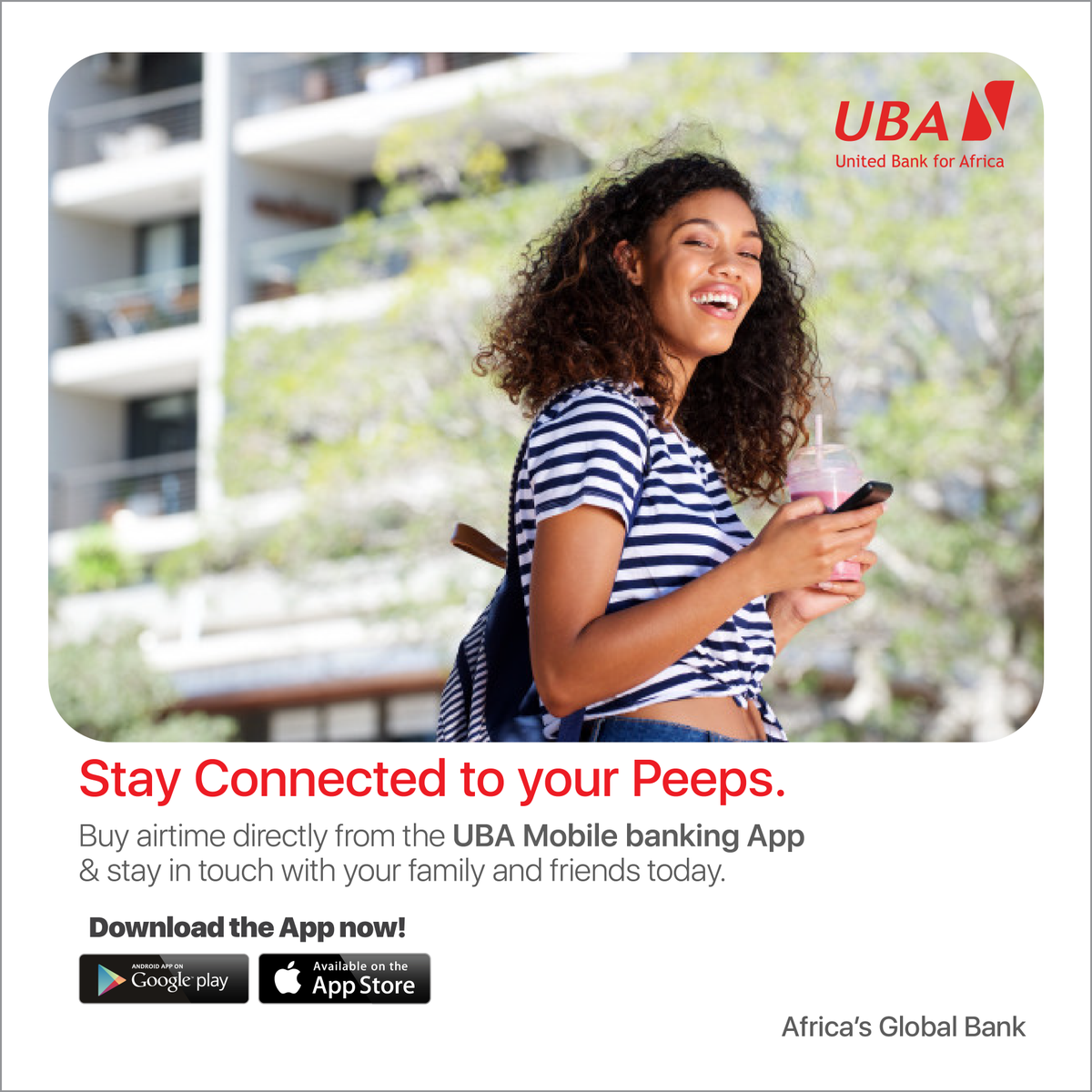 UBAUganda's tweet photo. Can't stay out late but you can stay connected to the world. Top up on your airtime via the UBA mobile banking platform. #Chooseconvenience 
#Banksafe #staydigitallyclose #AfricasGlobalBank https://t.co/njOkYqYjNO
