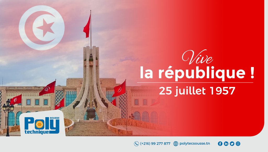 PolytecSousse's tweet photo. Bonne fête de la république🇹🇳
#Polytecsousse #RepublicDay #Tunisie https://t.co/6AVWp6Zgps