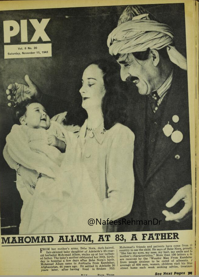 Mohammad Allum married one of his patient Jean Emsley in 1940. In 1941, when he was 83 and his wife 20, a daughter was born. This news item reported on the birth of his daughter. "Mohammad appears to have discovered the mystery of perpetual youth...."