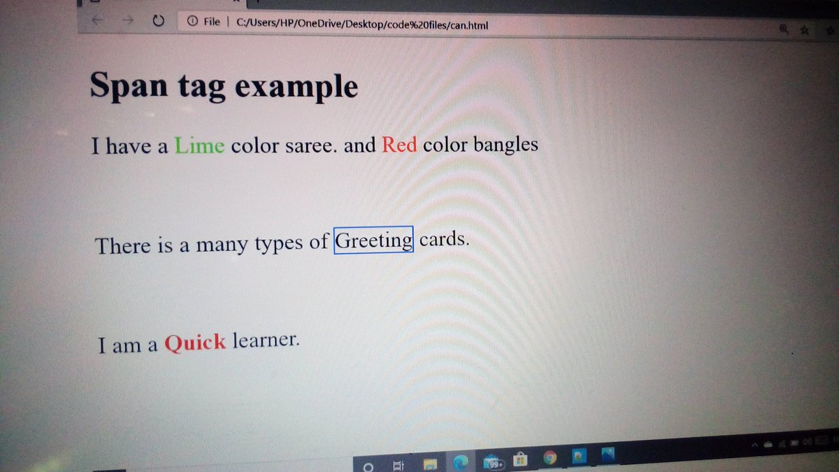 Pooja_Prasad25's tweet photo. Day-6 #100DaysOfCode
#beginner🤞
Today i m learning block elements and inline elements..
1st pic is <div> element example nd 2nd is <span> element example...
#freeCodeCamp
#womenswhocode
#GirlsWhoCode
#womenintech
#CodeNewbie https://t.co/lZ5tN2N9GC