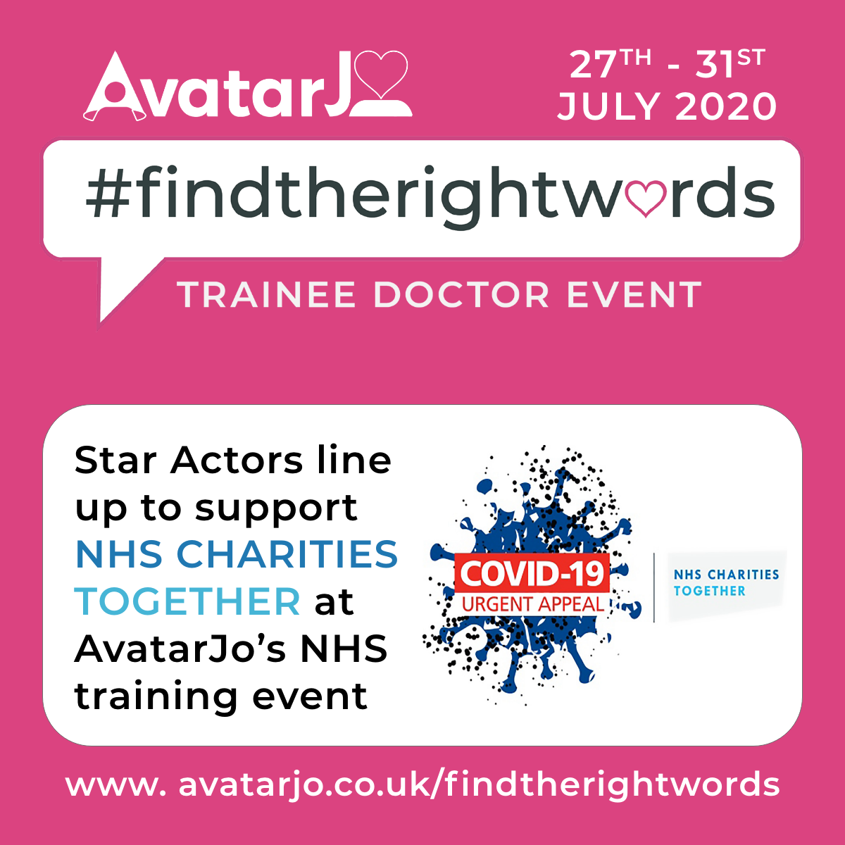 AvatarJo_Online's tweet photo. We are so pleased to have star actors like #christophereccleston ,#stevencree ,#nicolathorp ,#richardrankin ,#jomartin ,#tylerlukecunningham and many more supporting NHS Charities Together at our Trainee Doctor Event! 
#nhscharitiestogether #findtherightwords #clapforourcarers https://t.co/yqPE97aYx4