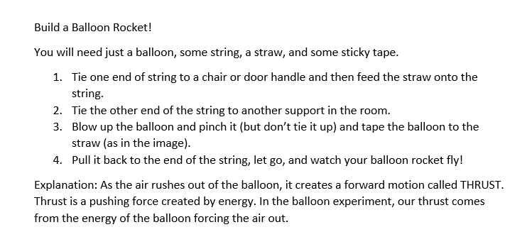 WorcsLibraries's tweet photo. Itβs Silly Science Saturday! Try out a physics experiment this week and build your own flying balloon rocket! πππ©βπ¬ Youβll need just a balloon, string, a straw, and some tape and then watch it fly! #STEM #STEAM #LibrariesFromHome #SillyScienceSaturdays #SillySquad #SRC https://t.co/jbUAT3UsMm