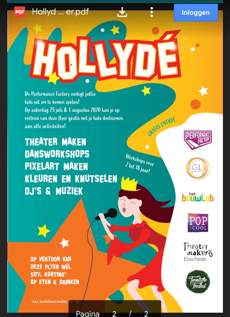 Op 25 juli en 1 augustus mogen kinderen tijdens dit event gratis meedoen aan activiteiten als dans, theater en pixelart bouwen. Er is muziek en op vertoon vd (papieren) flyer ontvang je ook nog eens 50(!)% korting op eten en drinken in de Twentsche Foodhal. Meldt je bij hun bar.