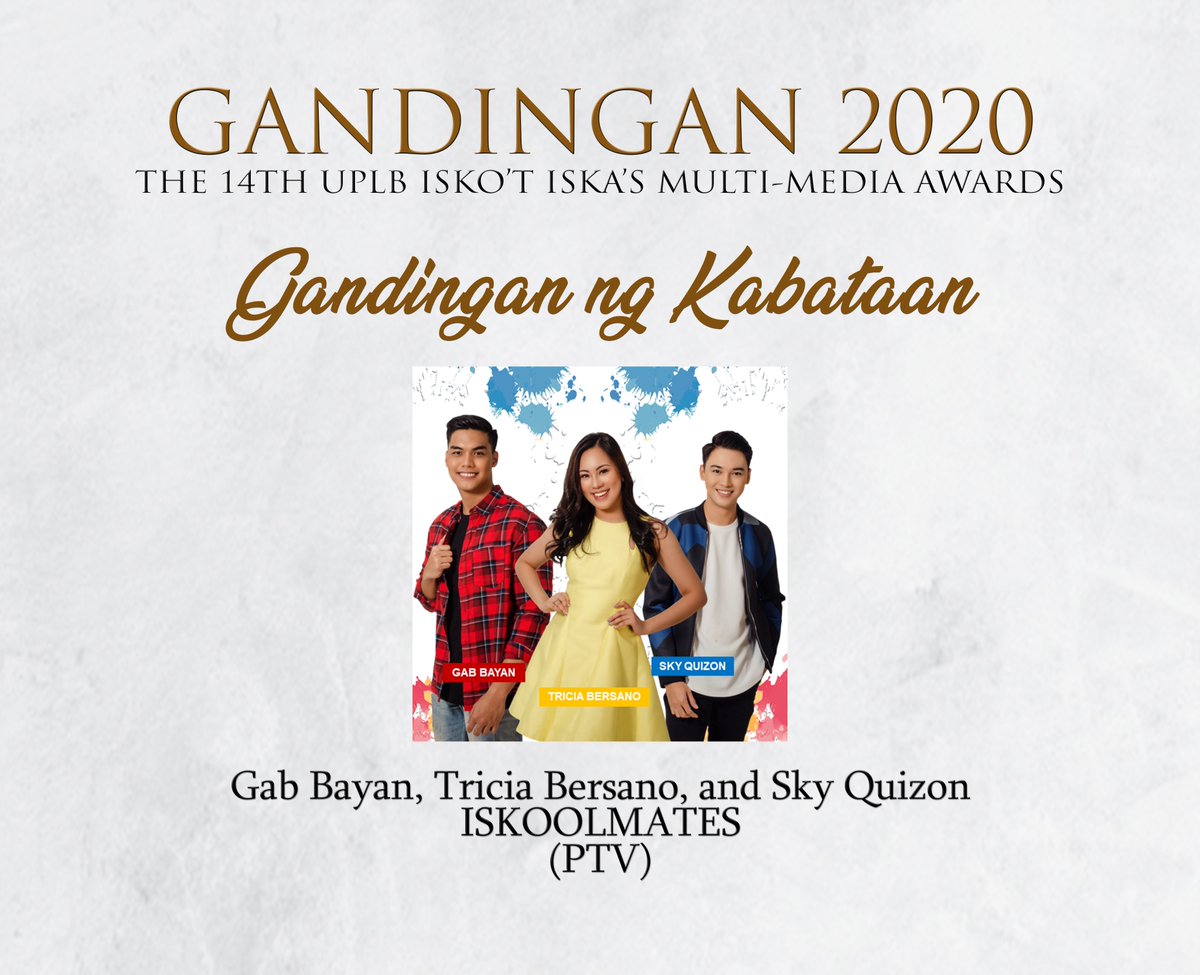 GandinganAwards's tweet photo. Ang nanalong Gandingan ng Kabataan (Special Citation) ay sina Gab Bayan, Tricia Bersano, and Sky Quizon (Iskoolmates) @gabislab @skyquizon #Gandingan2020 #GandinganAwards https://t.co/XQPVT7ixc1