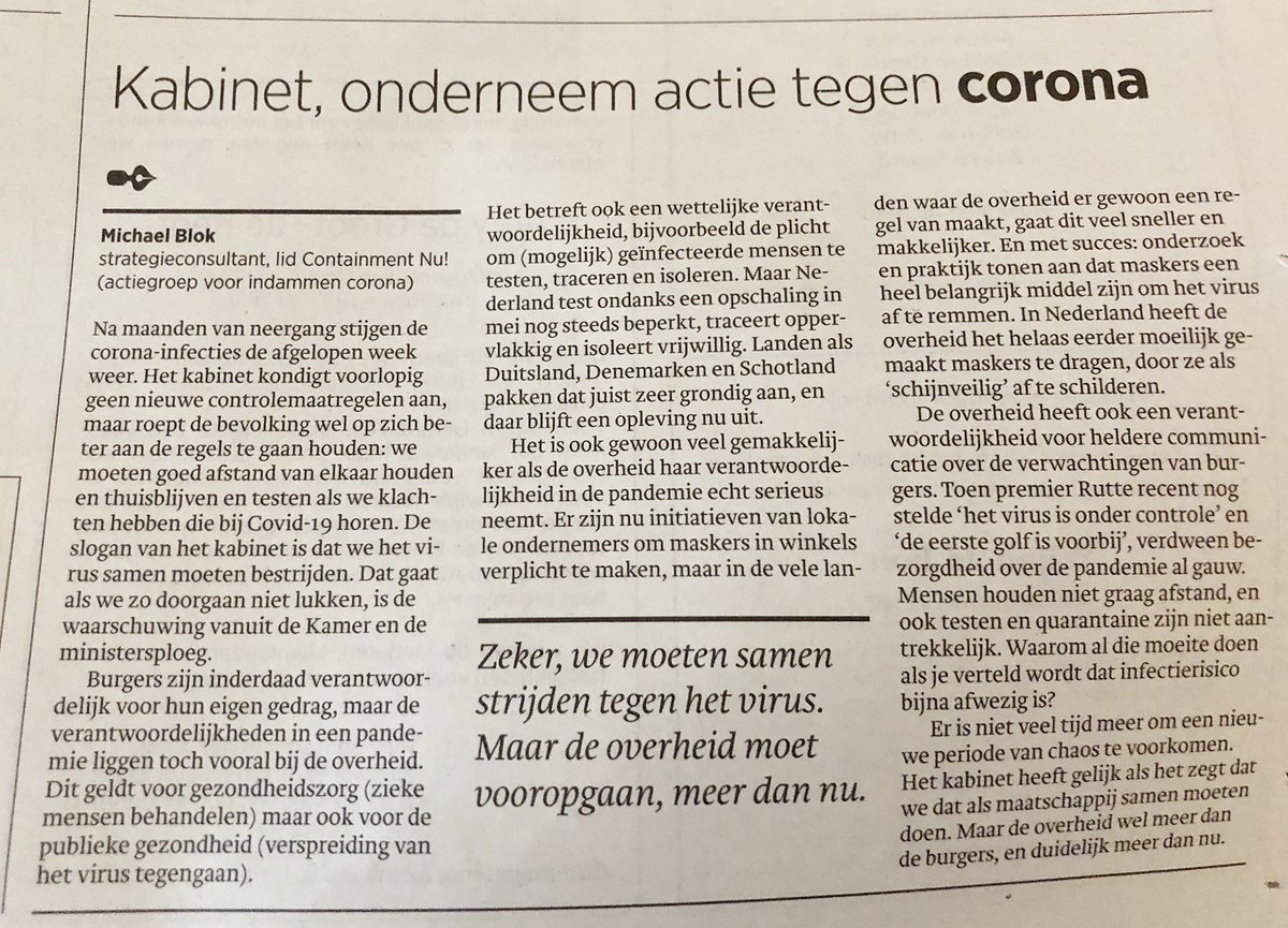 LowCovid 🇪🇺 Kano (@falsel_net) on Twitter photo Dagblad TROUW trouw.nl
25-7-2020
Kabinet jetzt! Gegen #Corona vorgehen.
<a href="/ContainmentNU/">Containment Nu</a> #Nederland <a href="/ContainJetzt/">ContainmentJetzt! NL</a> #Niederlande <a href="/ContainmentNow/">Containment Now! #zeroCovid</a> #Netherlands Dagblad TROUW trouw.nl
25-7-2020
Kabinet jetzt! Gegen #Corona vorgehen.
<a href="/ContainmentNU/">Containment Nu</a> #Nederland <a href="/ContainJetzt/">ContainmentJetzt! NL</a> #Niederlande <a href="/ContainmentNow/">Containment Now! #zeroCovid</a> #Netherlands