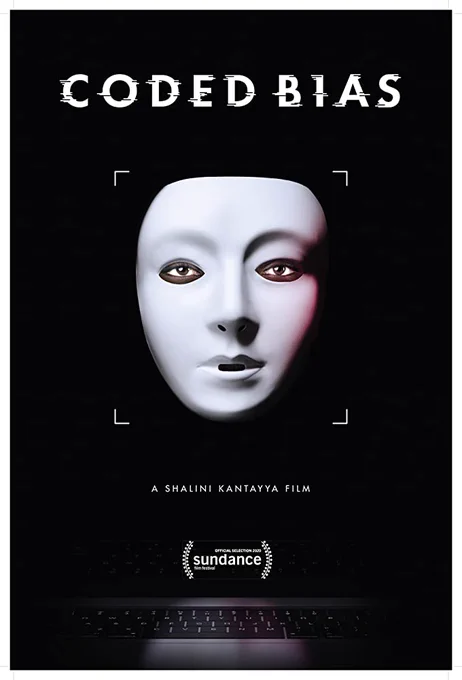 Film poster for "Coded Bias" showing a white mask over a Black face