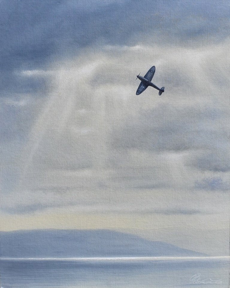 AviationArtist's tweet photo. "Limitless Skies" original oil painting recently completed. An attempt to convey the freedom of an expansive sky by a lone Spitfire. 20" x 16" on canvas panel. More details at https://t.co/PsbVk0u6SM #spitfire #aviationart #battleofbritain80 #raf https://t.co/VWlj7pss5k