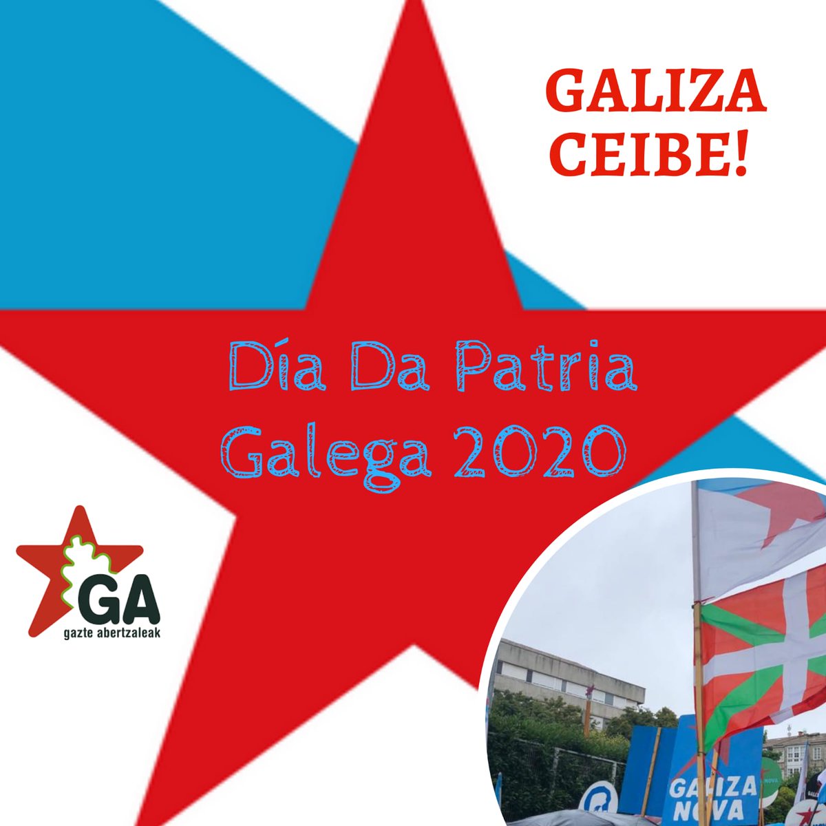 gazte's tweet photo. Euskal Herritik besarkada estu bat Galizako jendarteari gaurko #DiaDaPatriaGalega eta jarraitu borrokan #GalizaCeibe lortu arte!

Unha gran aperta dende Euskal Herria as galegas, hoxe na #DiaDaPatriaGalega e toda a forza para seguir loitando ata chegar a #GalizaCeibe! https://t.co/KoZMOWjhUJ