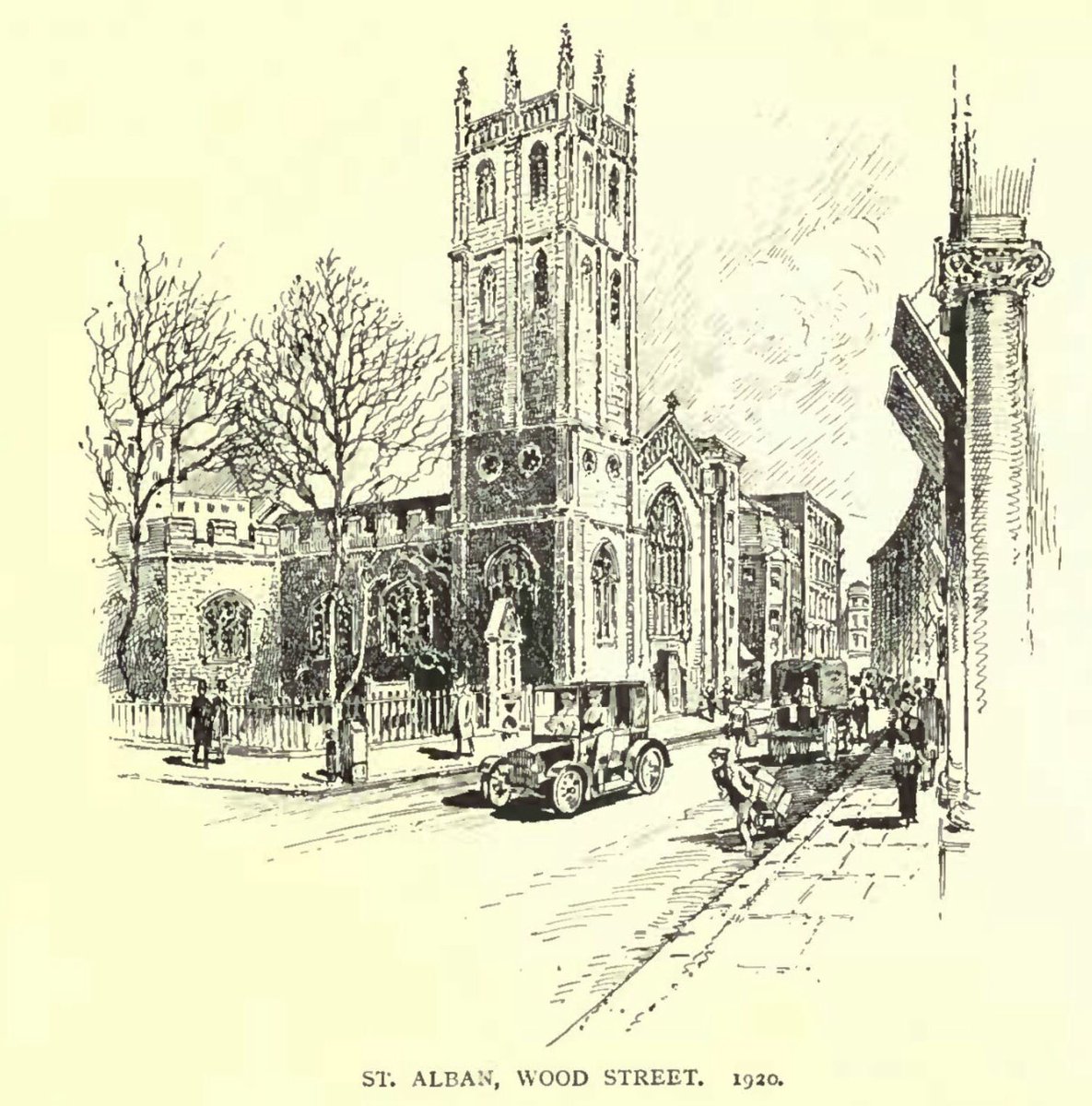squaremileplod's tweet photo. The church of St Alban, Wood Street stood on what was said to have been a place of worship since the 8th century.  Rebuilt by Wren post Great Fire, its tower was completed in 1685. The tower is all that now remains - the church was largely destroyed during the Blitz. https://t.co/tb3N0xVnOb