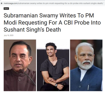 16-Jul-20Subramanian Swamy writes a letter to Modi asking for CBI investigation 25-Jul-20Swamy wants MPs to write to PM Modi asking for CBI inquiry--For the UNRESOLVED & MOST IMPORTANT issue left in India!