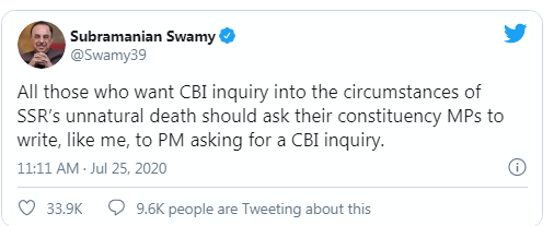 16-Jul-20Subramanian Swamy writes a letter to Modi asking for CBI investigation 25-Jul-20Swamy wants MPs to write to PM Modi asking for CBI inquiry--For the UNRESOLVED & MOST IMPORTANT issue left in India!