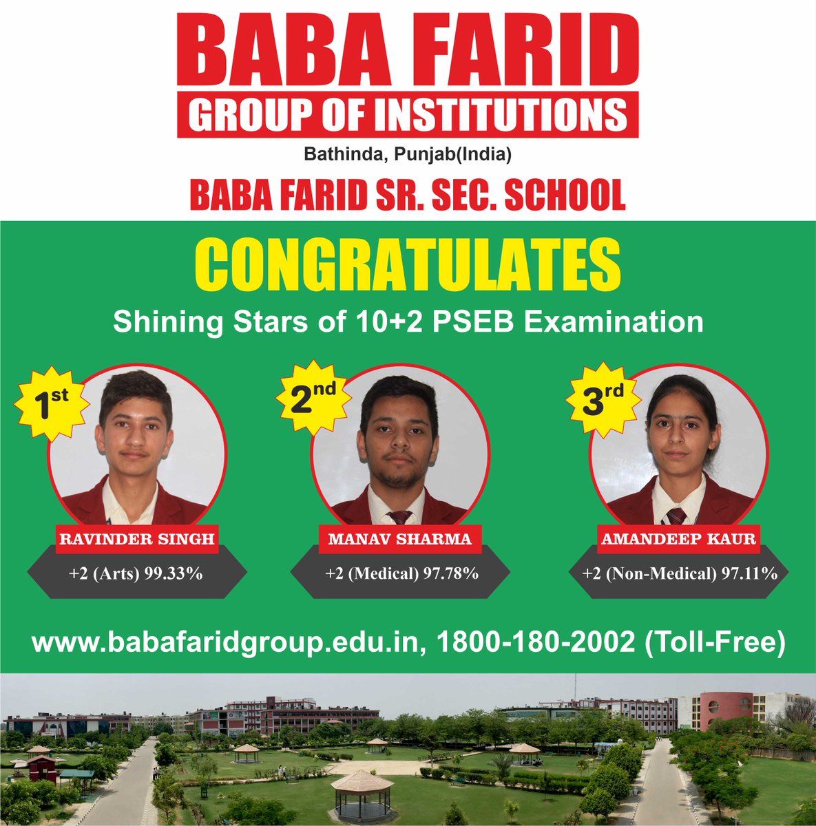BabaFaridGroup's tweet photo. A Big Congratulations to all the Top Position Holders in 10+2 #PSEB Examination from Baba Farid Sr. Sec. School. We are Proud 👍 of you all on this excellent display of Academic Excellence in Punjab School Education Board Examination.
#BFGI #BFSSS #PSEBResult #Toppers #Result2020 https://t.co/gFgQ4WbHGD