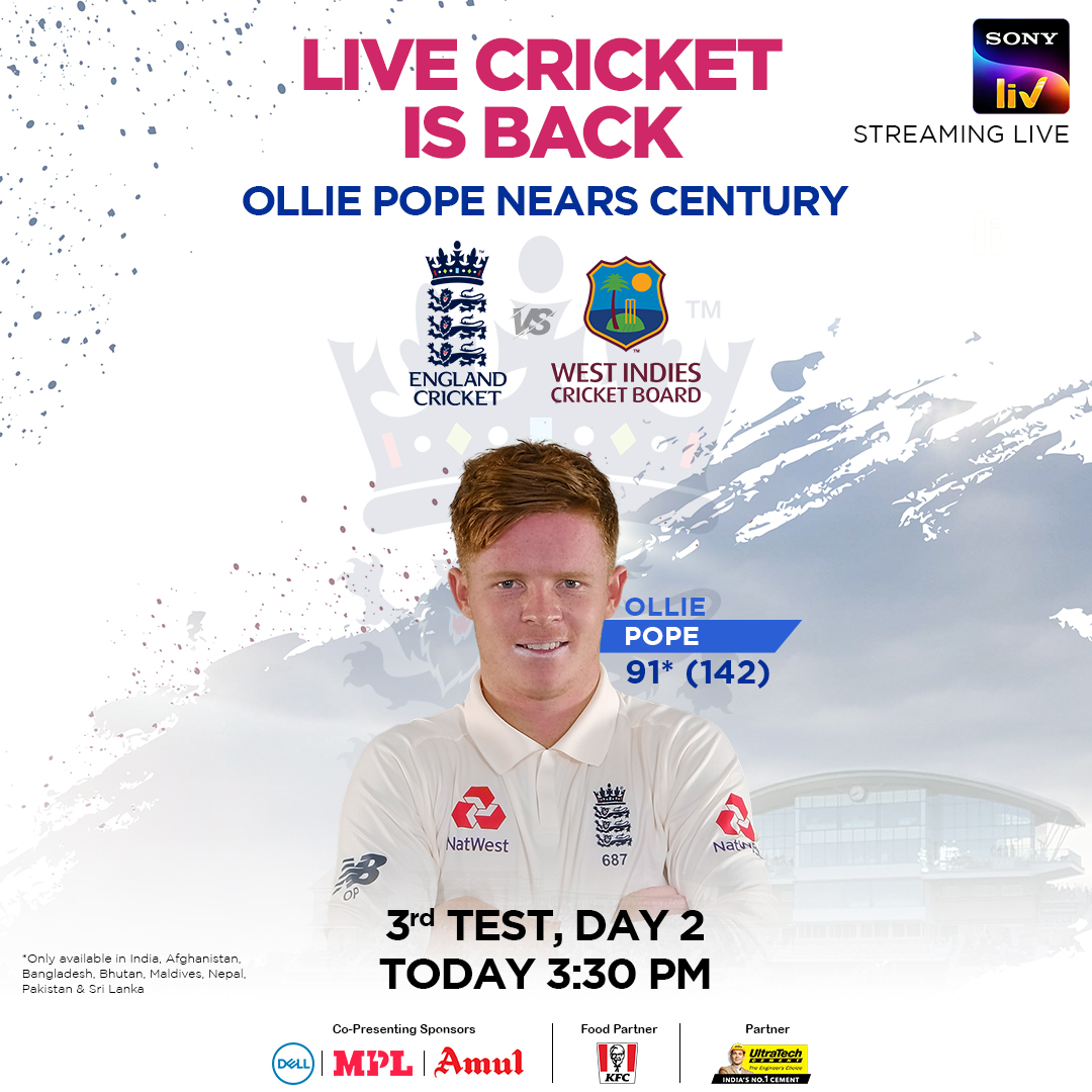 SonyLIV's tweet image. #Windies lost the grip in the last session and Buttler &amp;amp; Pope capitalised the opportunity!

Can West Indies pull it back or will #England steer ahead ?

Watch Day 2 of the #FinalTest, LIVE on #SonyLIV

Subscribe here: bit.ly/WisdenTrophy3r…

#EngvsWI #RaiseTheBat #WisdenTrophy