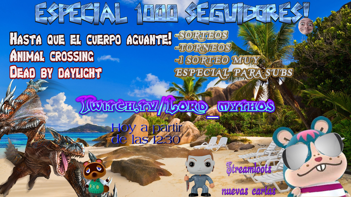 Dentro de un rato arrancamos con el especial 1000 Seguidores!! a ver si me aguanta el body! twitch.tv/lord_mythos #AnimalCrossingNewHorizons #DeadbyDaylight #sorteos #especial1000seguidores