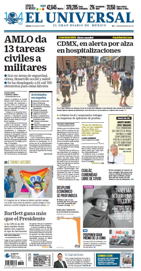 El_Universal_Mx's tweet photo. ¡Buenos días, lectores! Iniciamos la jornada informativa con la portada de EL UNIVERSAL y sus secciones este sábado 25 de julio
https://t.co/Z1NMhjlzXI https://t.co/ZunHpwNMn4