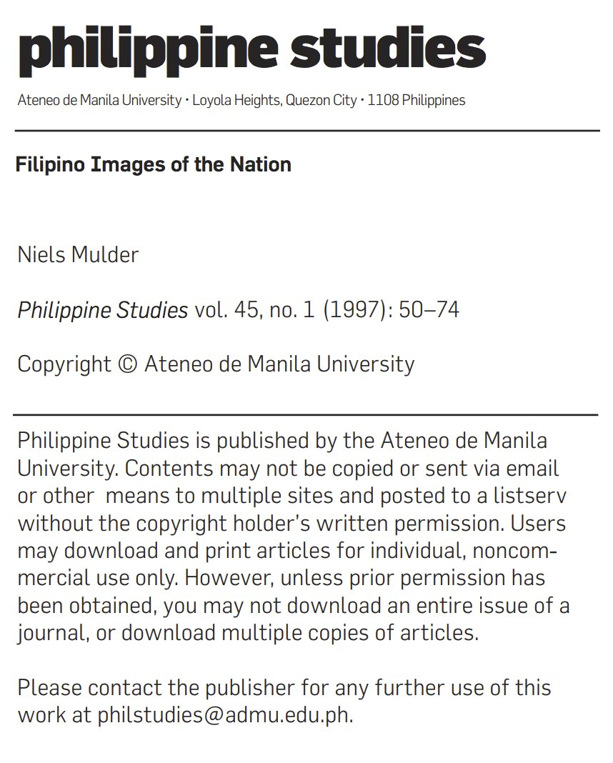 1. Mulder's FILIPINO IMAGES OF THE NATION which underscores the role (and the failure) of the middle class in advancing nationalism through cultivating collective imagination in the public sphere.Available at:  http://www.philippinestudies.net/files/journals/1/articles/2511/public/2511-2509-1-PB.pdf