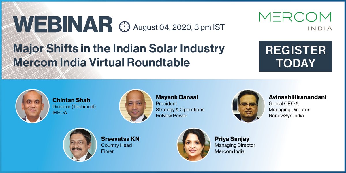 MercomIndia's tweet photo. #MercomWebinar – Major Shifts in the Indian Solar Industry - Mercom India Virtual Roundtable: This exclusive roundtable will cover the most pressing issues &amp; opportunities in the Indian #renewable energy sector Register here https://t.co/BLZFhybDih #solarmanufacturing #BCD #ALMM https://t.co/QdSI9alNhq