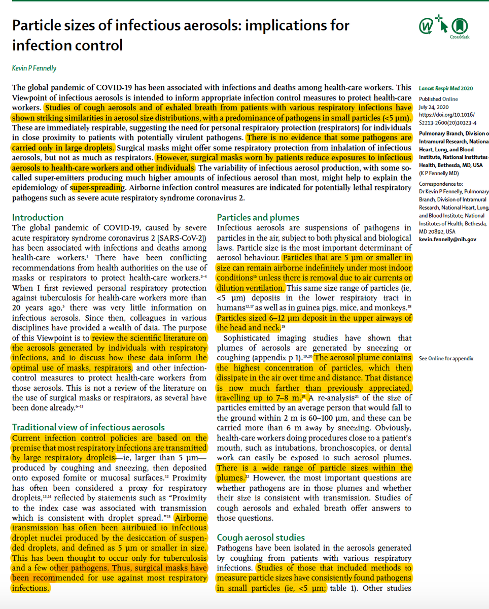 "These data support calls for the recognition of aerosol (ie, traditional airborne) transmission of  #SARSCoV2"An exceptional review of particle sizes of various pathogens and what can be done to limit spread, type of masks ,ventilation https://www.thelancet.com/action/showPdf?pii=S2213-2600%2820%2930323-4  @LancetRespirMed