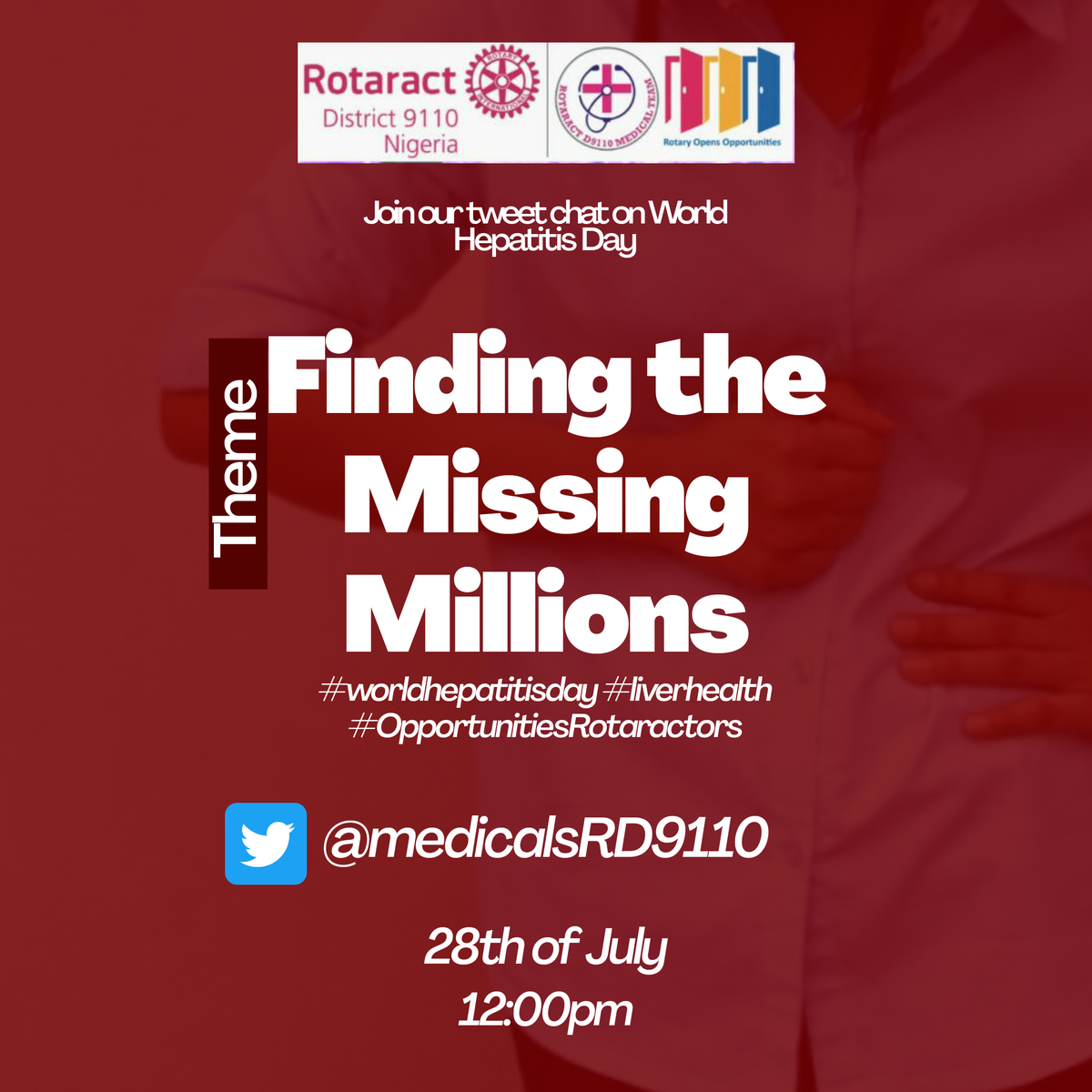 medicalsRD9110's tweet photo. Viral hepatitis is vaccine-preventable, yet we have millions  living with the virus globally.
Join us in the 28th of July as we talk about ways we can all contribute to the global fight against hepatitis.
#worldhepatitisday #liverhealth #opportunitiesrotaractors https://t.co/llZgKKn3na