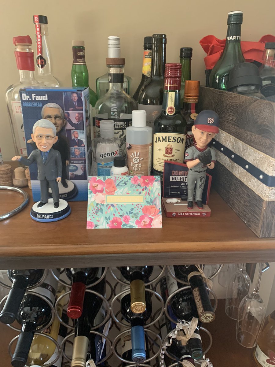 Day_Mac3's tweet photo. Thank you @AirInBags for my #fauci bobble head. I think he’s very happy on our bar cart next to our collection of hand sanitizer and Max Scherzer bobble head. Although probably would be happier if that game ended differently. 😂😂😂🤓🤓 #idnerd #faucifan https://t.co/cRPuYJbRHl