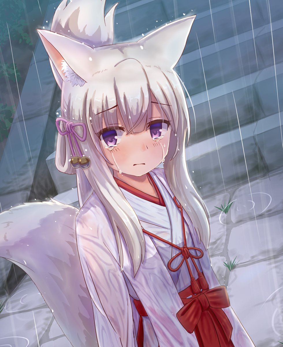 雨に打たれる巫女狐娘イラスト完成しました。 流れに乗ってモノクロ版