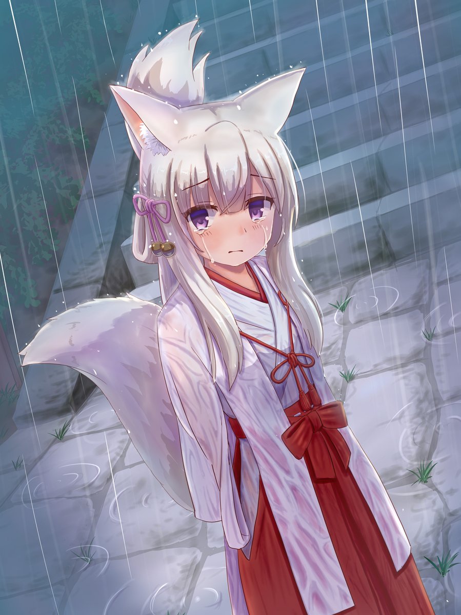 雨に打たれる巫女狐娘イラスト完成しました。 流れに乗ってモノクロ版