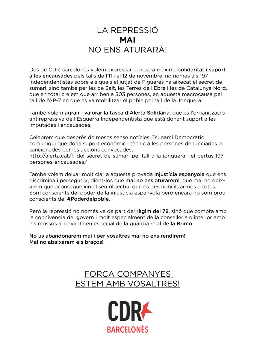 CDRPoblenou's tweet photo. El règim del 78 ens vol a casa, callats i sotmesos, utilitza tots els mitjans per intentar-ho, però el #Poderdelpoble ho impedirà.
Companyes encausades  estem amb vosaltres! https://t.co/qXY6kshtXH