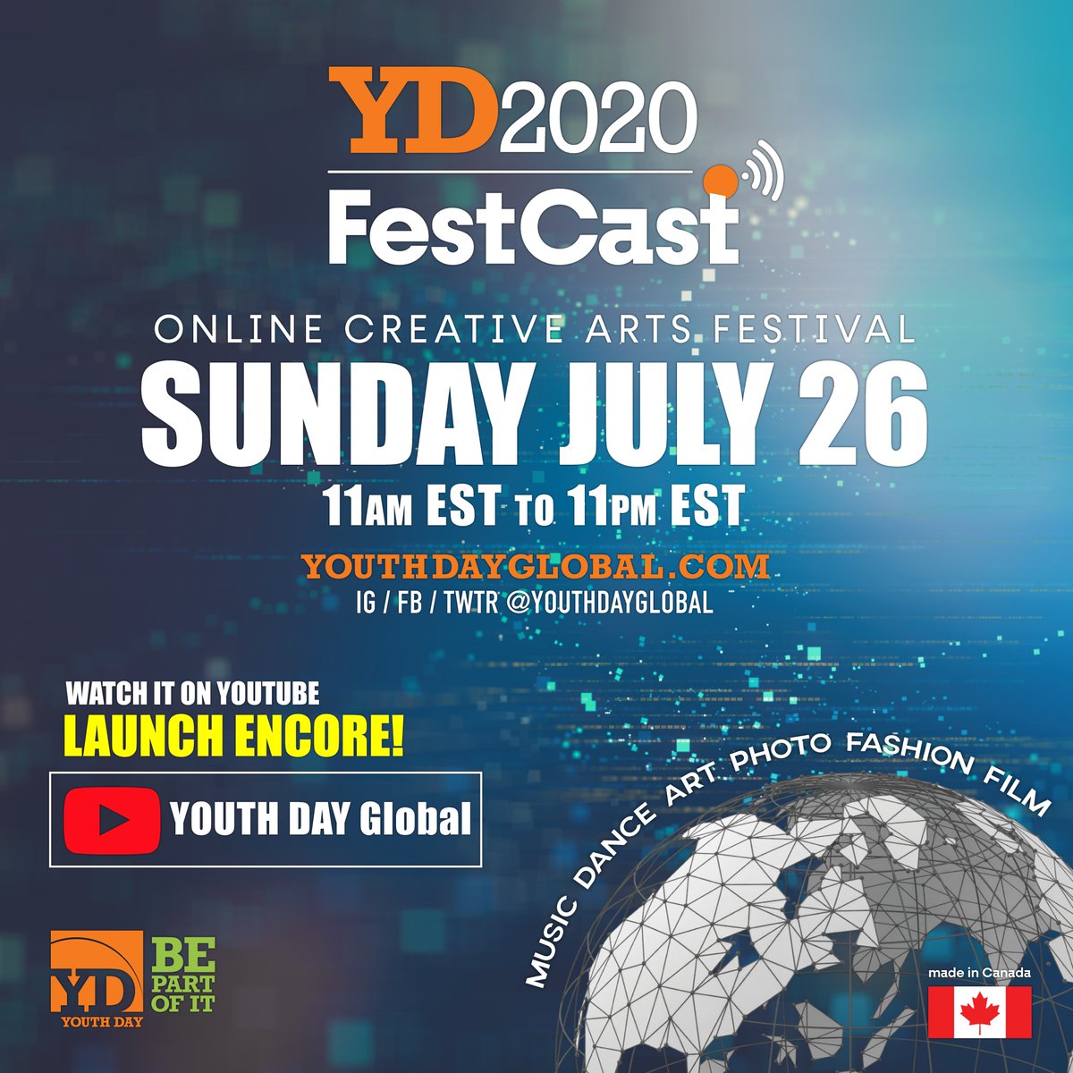 YDToronto's tweet photo. YOUTH DAY IS TOMORROW!
YD2020 FestCast “launch encore” - Sunday, JULY 26 at 11:00am to 11:00pm – See you then!
Thank you for your patience! https://t.co/mQlrP4IpMW
#YouthDayGlobal #YouthDayToronto #YouthDayFestCast #YouthDay2020 #JuanCreates @peterlinseman #TylaineDuggan https://t.co/hhm96zIMei