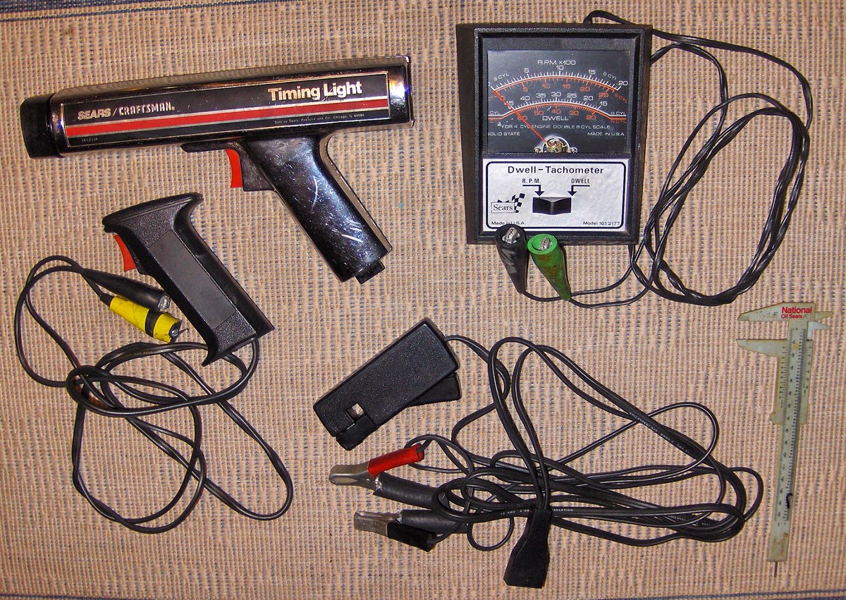 roosterpisces's tweet photo. ATTN car gurus: can you please help me identify these 5 items found in a box called "timing light for car".  When I sell them should they stay together as a unit? ideas on pricing? #TimingLight #Tachometer #whatchamacallits https://t.co/xzJPBZIjlh