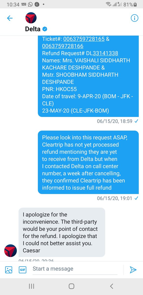 Most Pathetic service from <a href="/Cleartrip/">Cleartrip</a> which has still not refunded amount of trip cancellation due to COVID even after 4 months completion since cancellation. <a href="/Delta/">Delta</a> they keep on pointing to you in between <a href="/MoCA_GoI/">MoCA_GoI</a> <a href="/HardeepSPuri/">Hardeep Singh Puri</a> <a href="/DGCAIndia/">DGCA</a> help pls