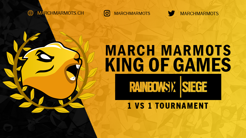Prepare yourself for the second round of King of Games!
We will hold a 1vs1 tournament in Rainbow Six: Siege🔫

Join our Discord server to get more information and to sign up for the tournament!

🌐 discord.gg/9gAQv94

#RainbowSixSiege #GoMarmots #2yearanniversary
