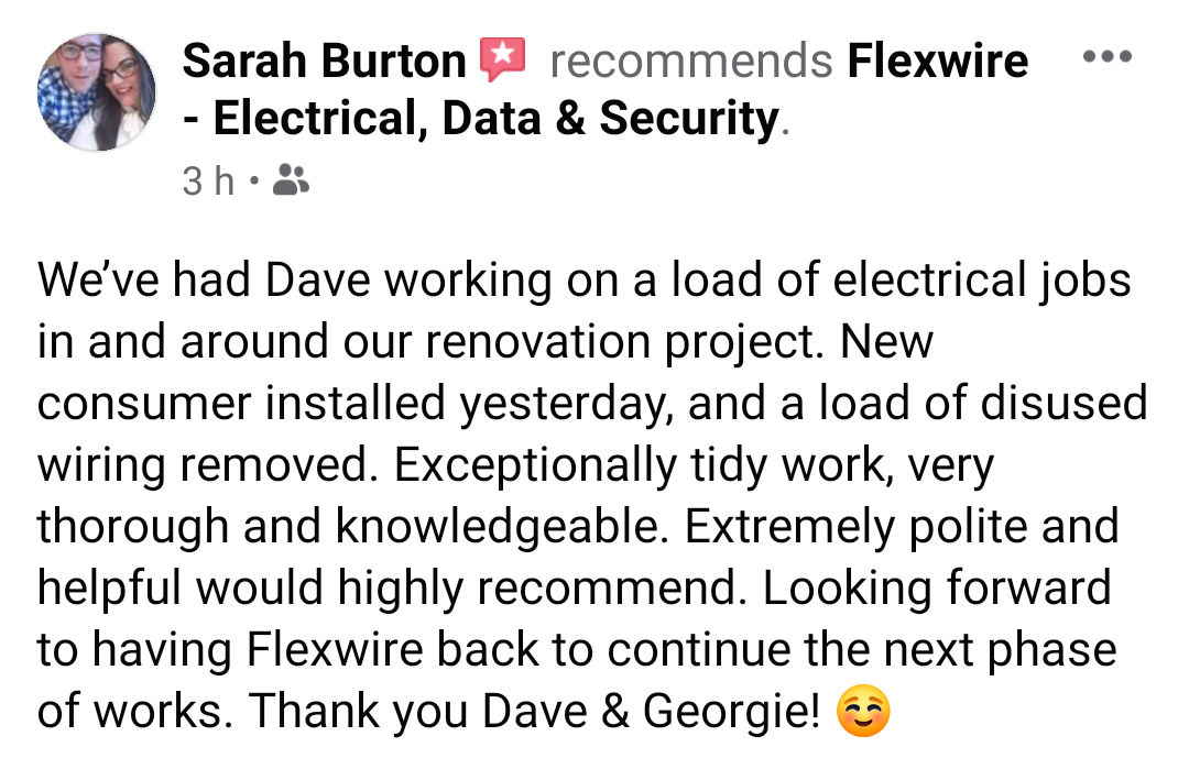 FlexwireLtd's tweet photo. Some more great feedback today, from the lovely Sarah and Neale. Looking forward to seeing their project come together! 🤩 #devon #electrician https://t.co/dClAhM895a