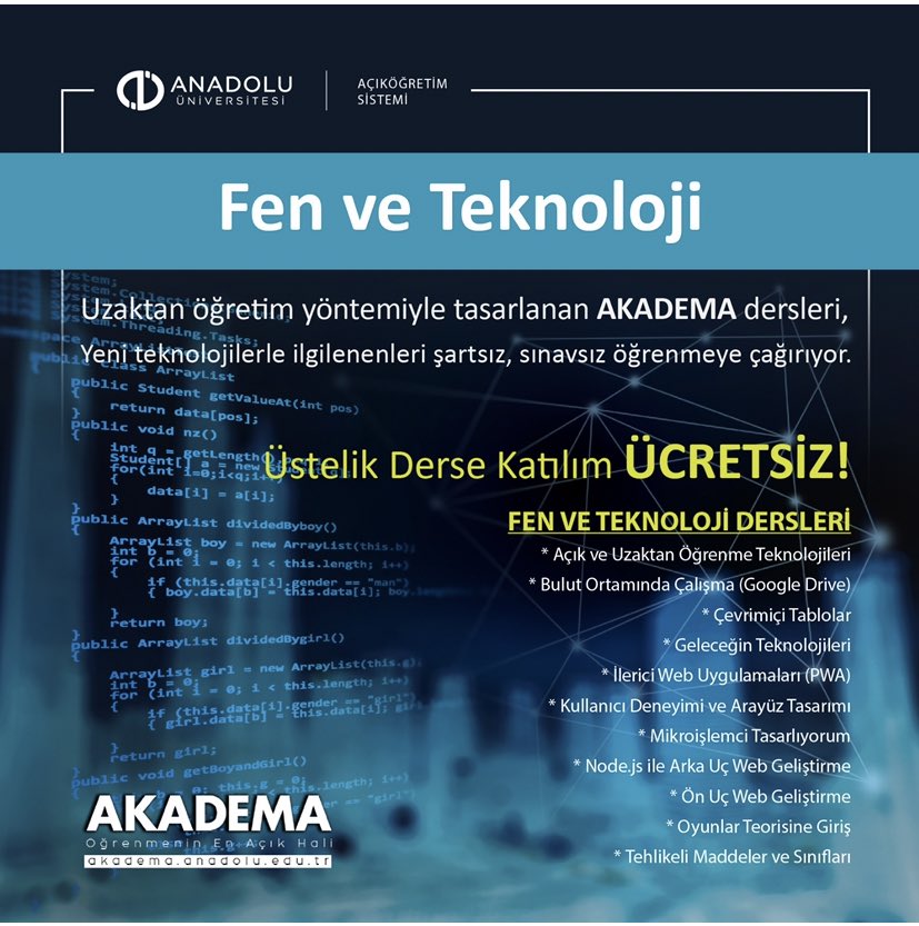 AOFAnadolum's tweet photo. Bir çok farklı konuda ücretsiz dersler Akadema'da!
https://t.co/tG8ZTPAX4F
#fenveteknoloji #açıköğretim #evdekal @anadoluuniv https://t.co/T41L8ssJUH