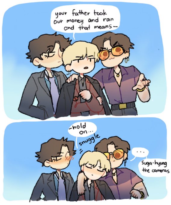 when u have to play a tough guy loan shark for a skit but your love language is cuddles #taegikook 