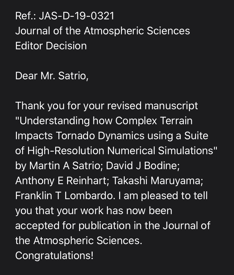 satriomartinwx's tweet photo. One year after my Master’s defense, our work how terrain impacts tornado behavior has been accepted for my first-ever publication! 😁🎊🎉 https://t.co/pHULaL0HnD