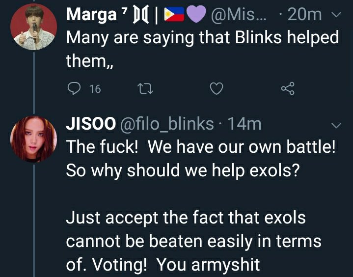 dxrdy's tweet photo. Jisoo: You armyshit 

welp this is too funny @weareoneEXO https://t.co/VQSyXjc6lO